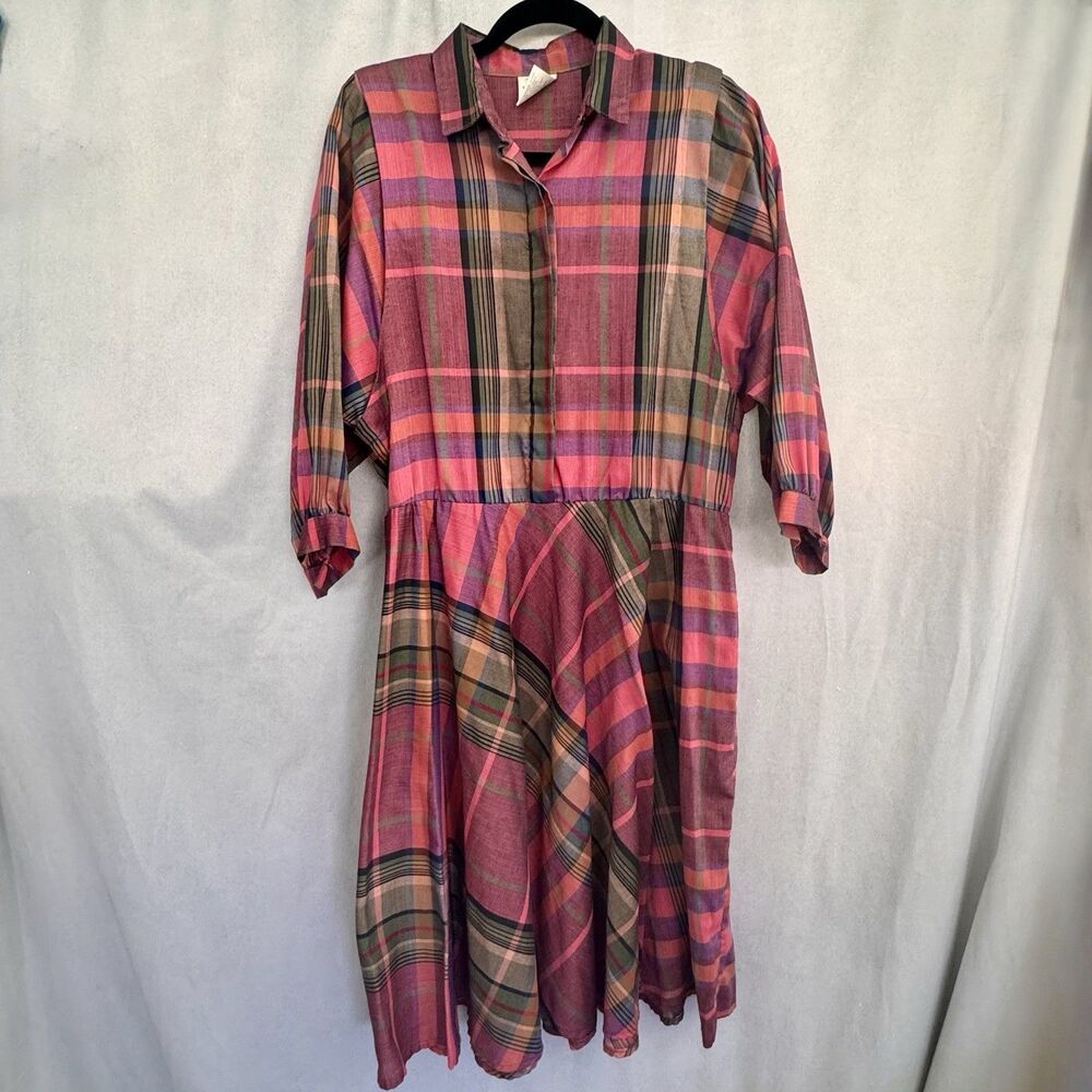Vintage Shirt Dress Plaid Pink Green Orange Made in the U.S.A. Dropped Arm Hole